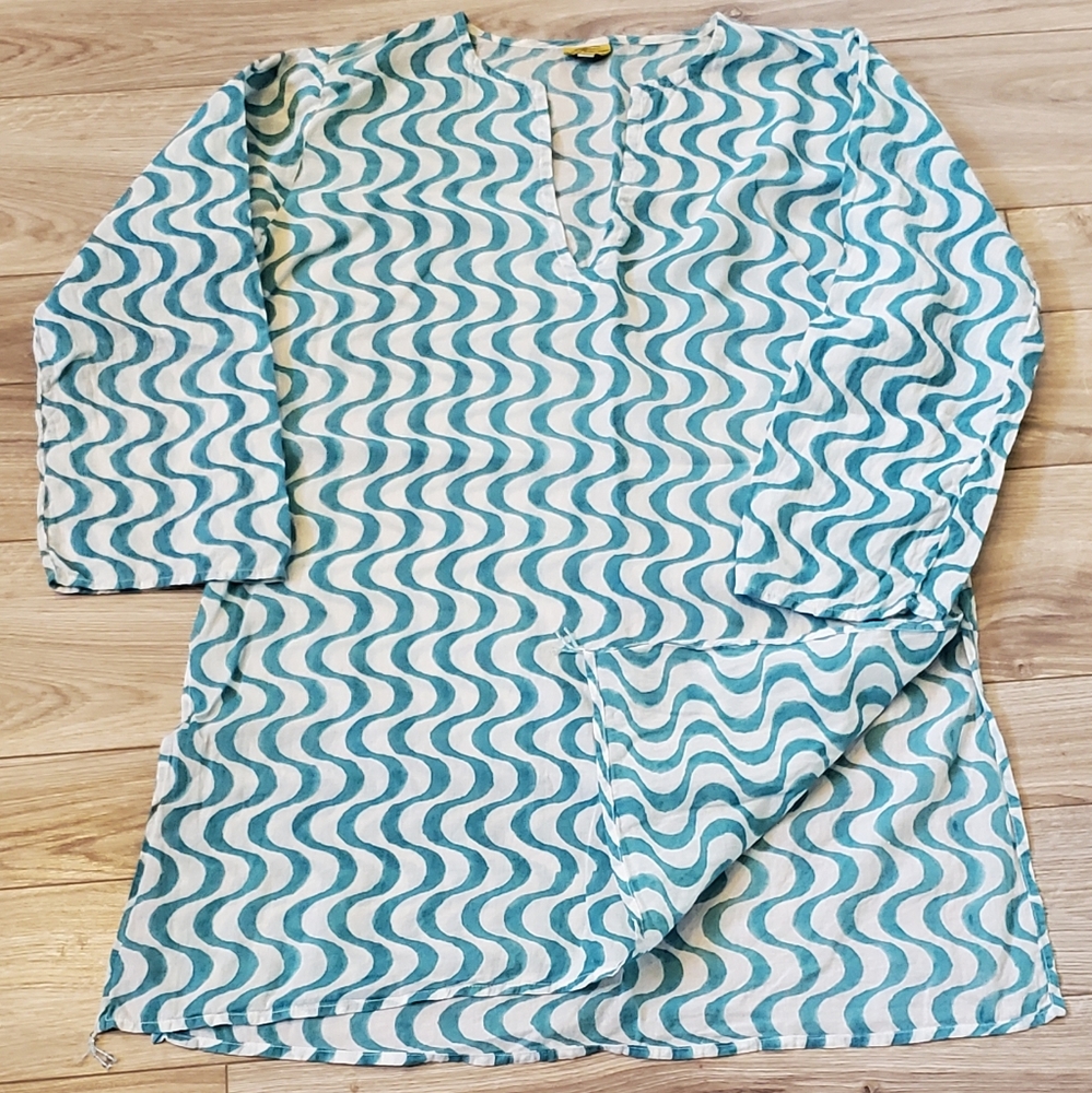 Roberta Roller Rabbit Cotton Cover Up,  White, Blue Watercolor Wave, Med, EUC